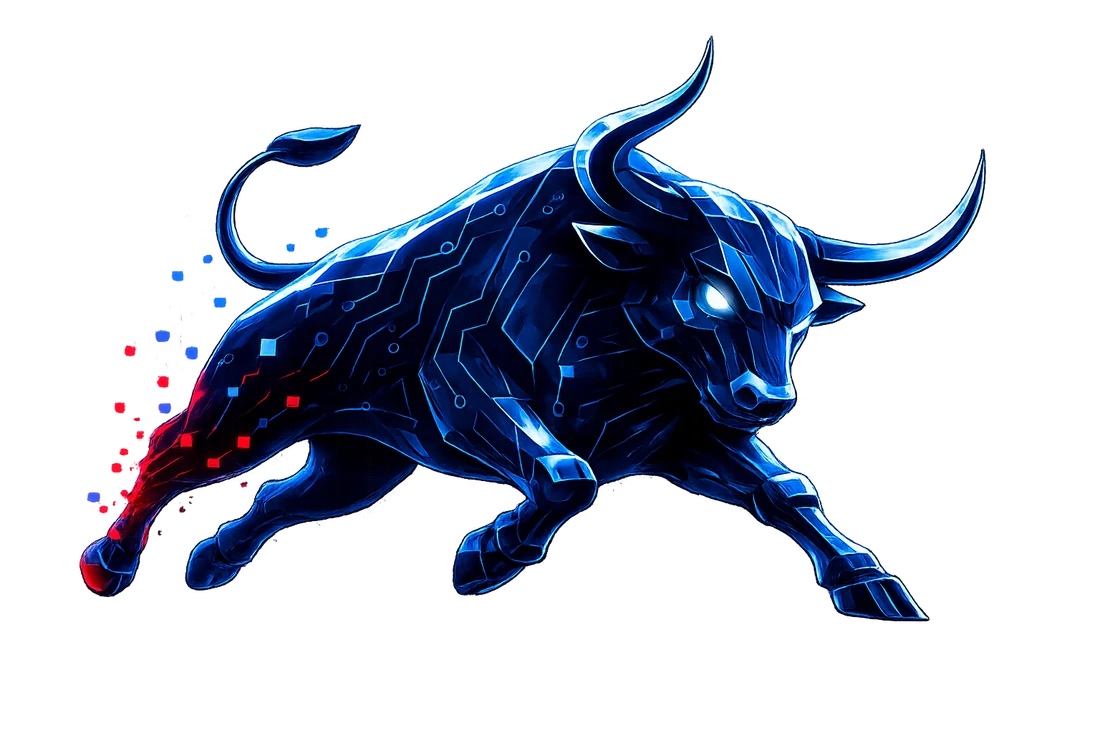 Mascote digital da Bull Systems — touro tecnológico com circuitos de alta performance