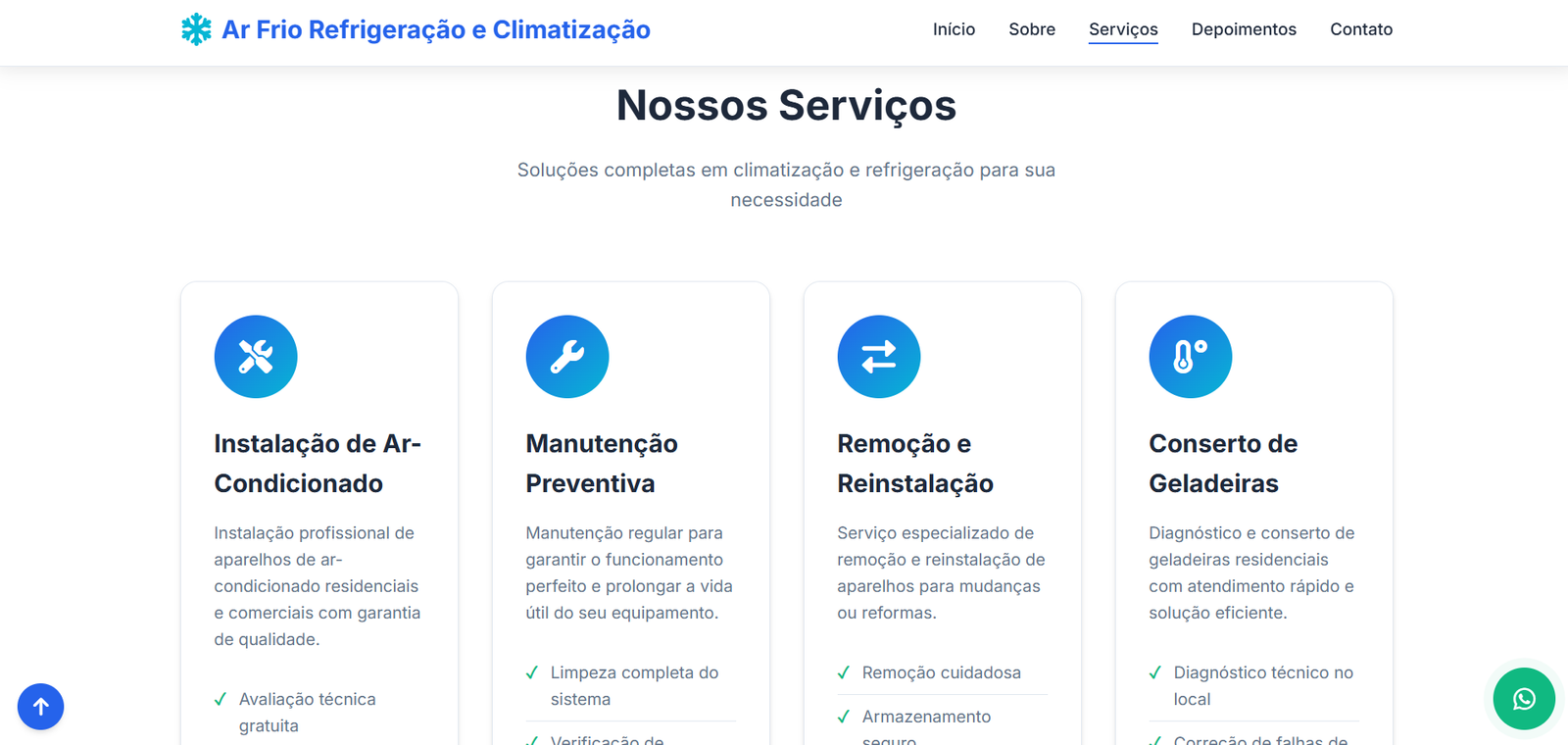 Página de Serviços — projeto Ar Frio Refrigeração e Climatização
