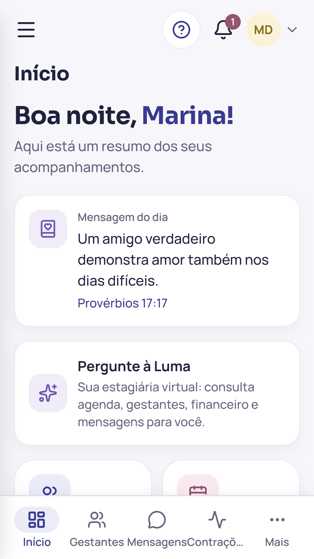 Gestão para a doula, sem perder o lado humano — tela principal