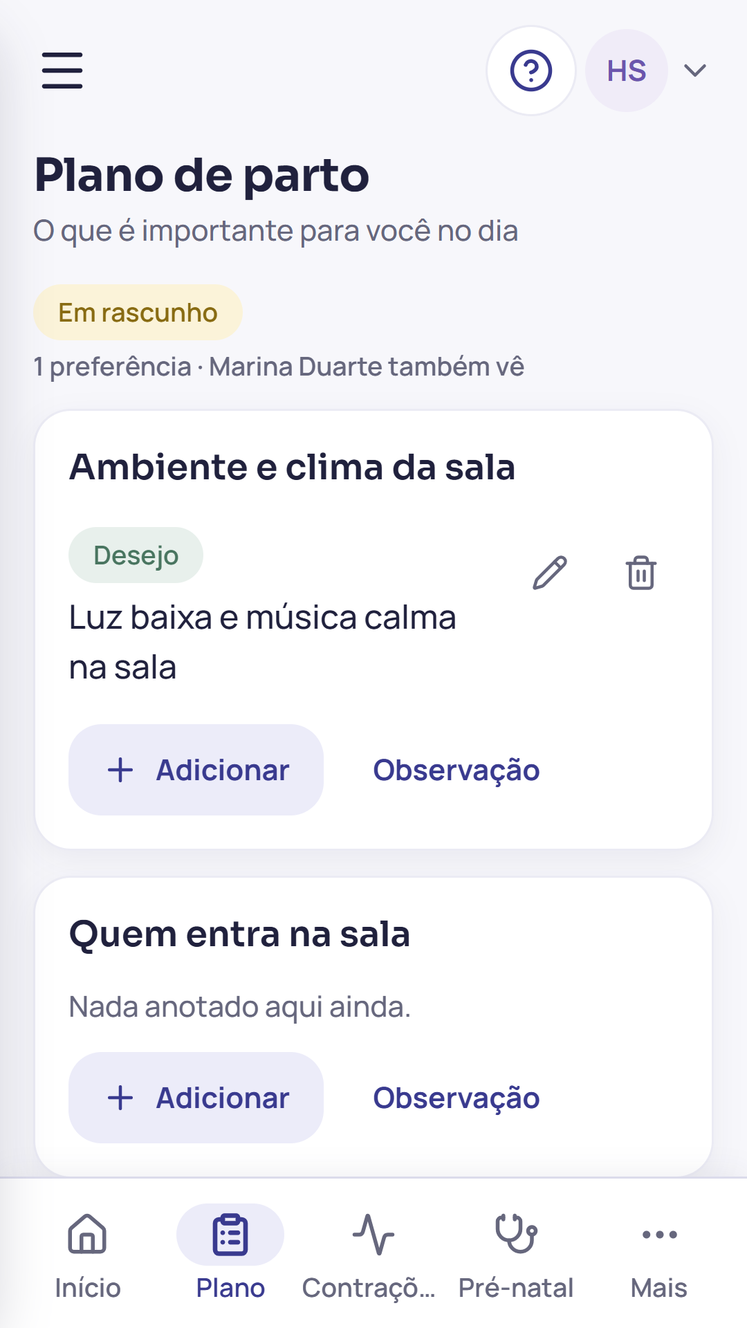 Plano de parto e pré-natal no mesmo fluxo — tela principal