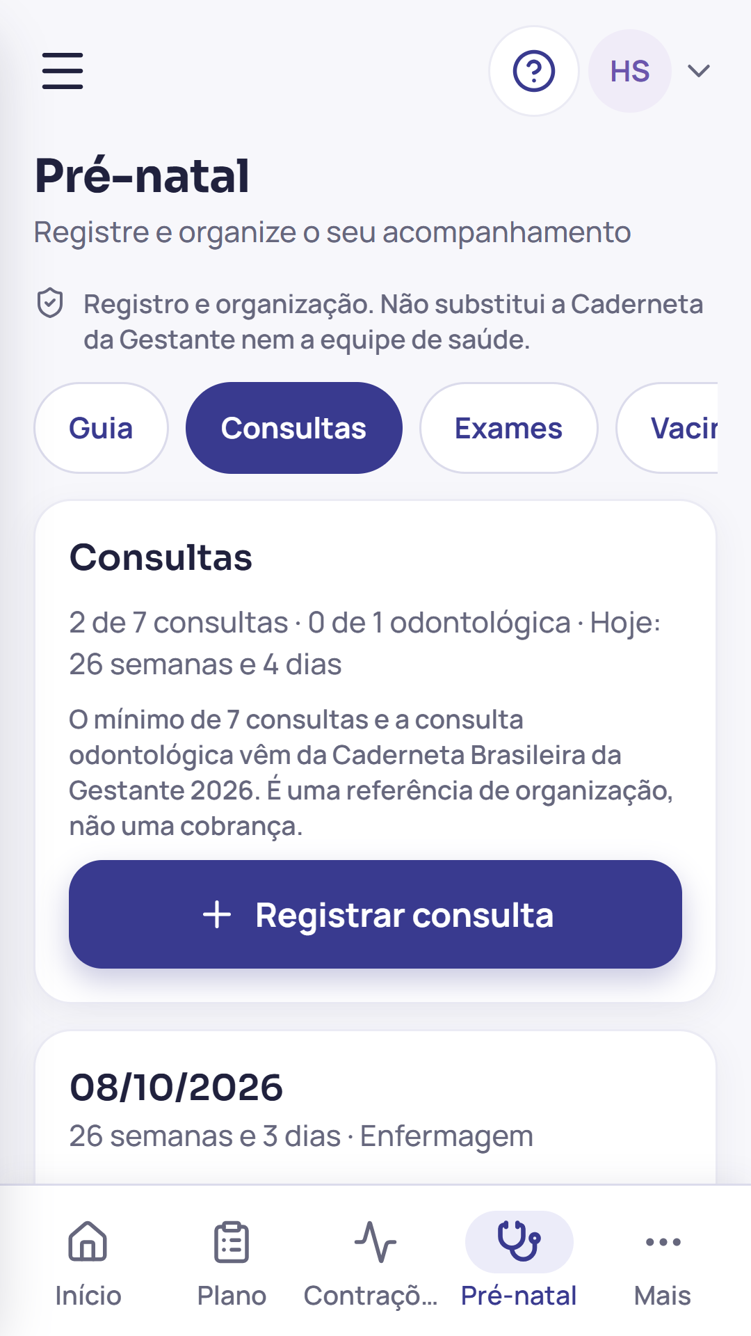 Plano de parto e pré-natal no mesmo fluxo — tela complementar